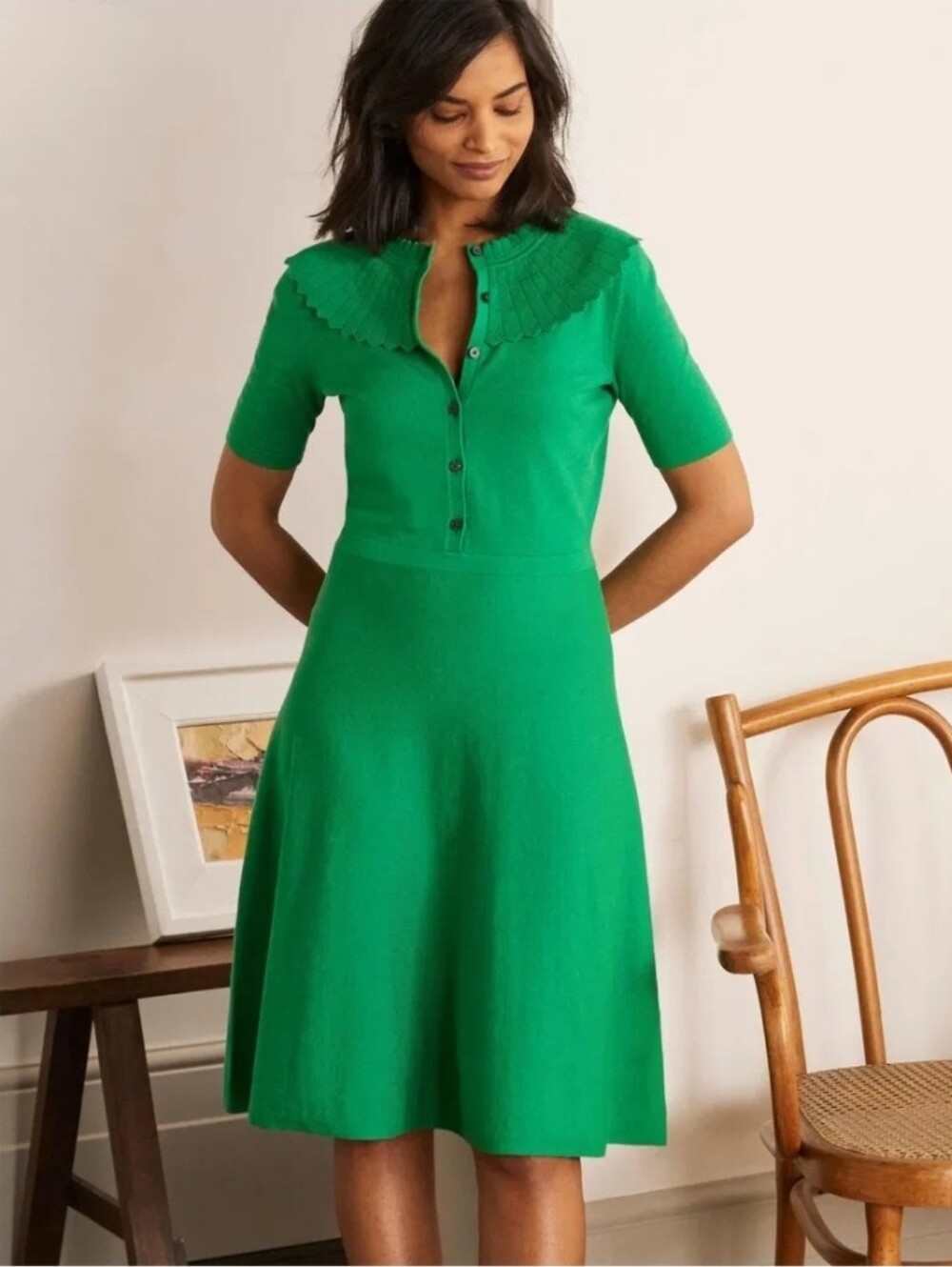 Boden Emerald Green Scalloped Collar Knit Midi Dress - Size 16/18